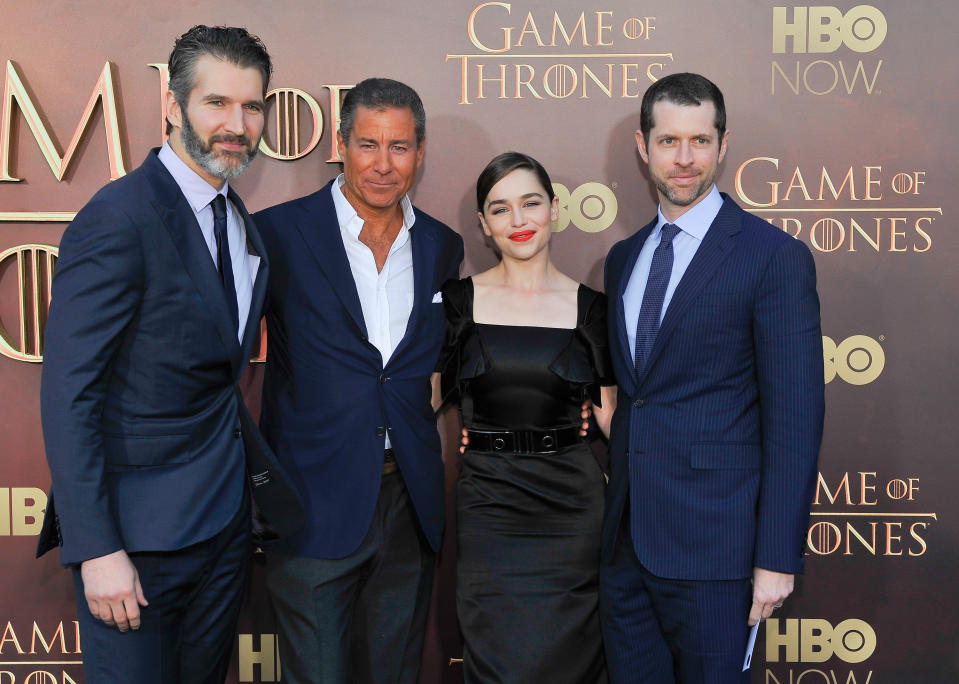 SAN FRANCISCO, CA - MARCH 23: (L-R) David Benioff, Richard Plepler, Emilia Clarke and Dan Weiss attend HBO's "Game Of Thrones" Season 5 San Francisco Premiere at San Francisco Opera House on March 23, 2015 in San Francisco, California. (Photo by Steve Jennings/WireImage)