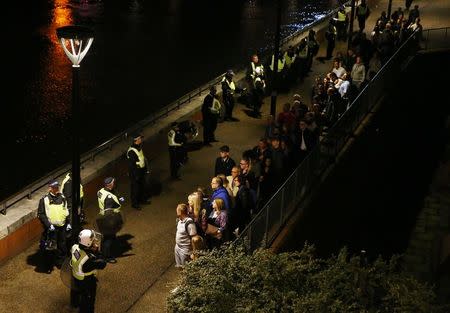 Police officers stand with people evacuated from the area after an incident near London Bridge in London, Britain June 4, 2017. REUTERS/Neil Hall