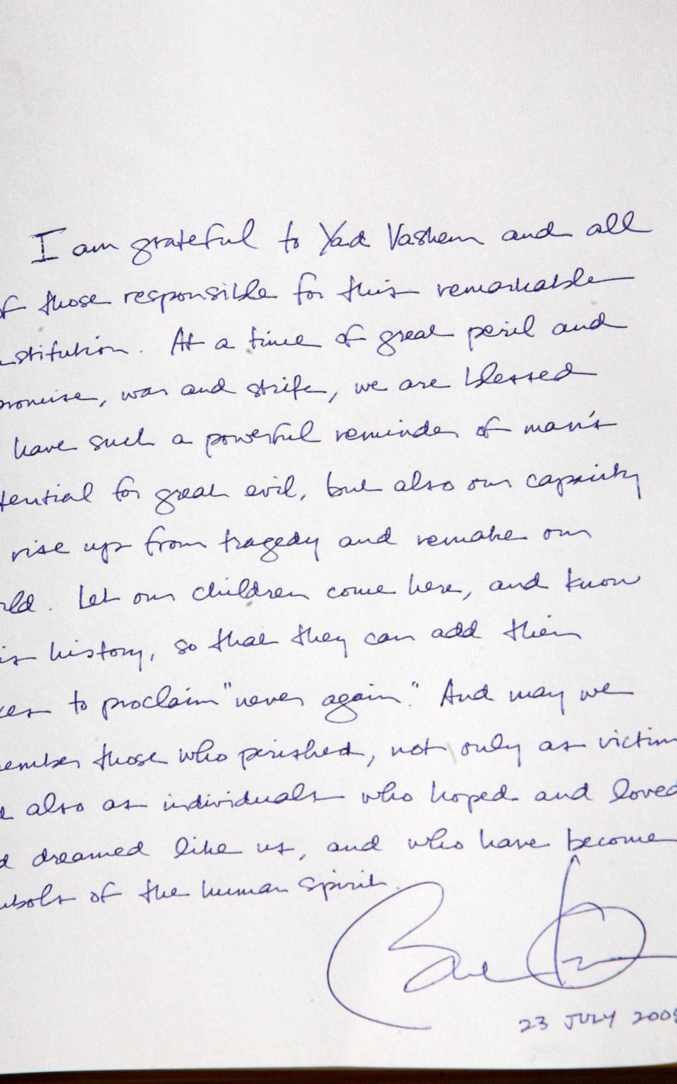 Barack Obama's note at Yad Vashem - Credit: GALI TIBBON/AFP/Getty Images