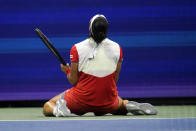 Ons Jabeur, of Tunisia, reacts after defeating Caroline Garcia, of France, during the semifinals of the U.S. Open tennis championships on Thursday, Sept. 8, 2022, in New York.(AP Photo/Charles Krupa)
