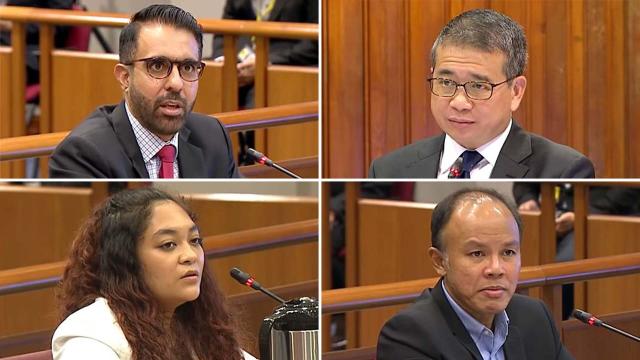 (clockwise from top left) Workers&#39; Party chief Pritam Singh; Committee of Privileges member Edwin Tong; WP vice-chair Faisal Manap; and former Sengkang Member of Parliament Raeesah Khan (PHOTO: SCREENGRAB: Gov.sg YouTube channel)