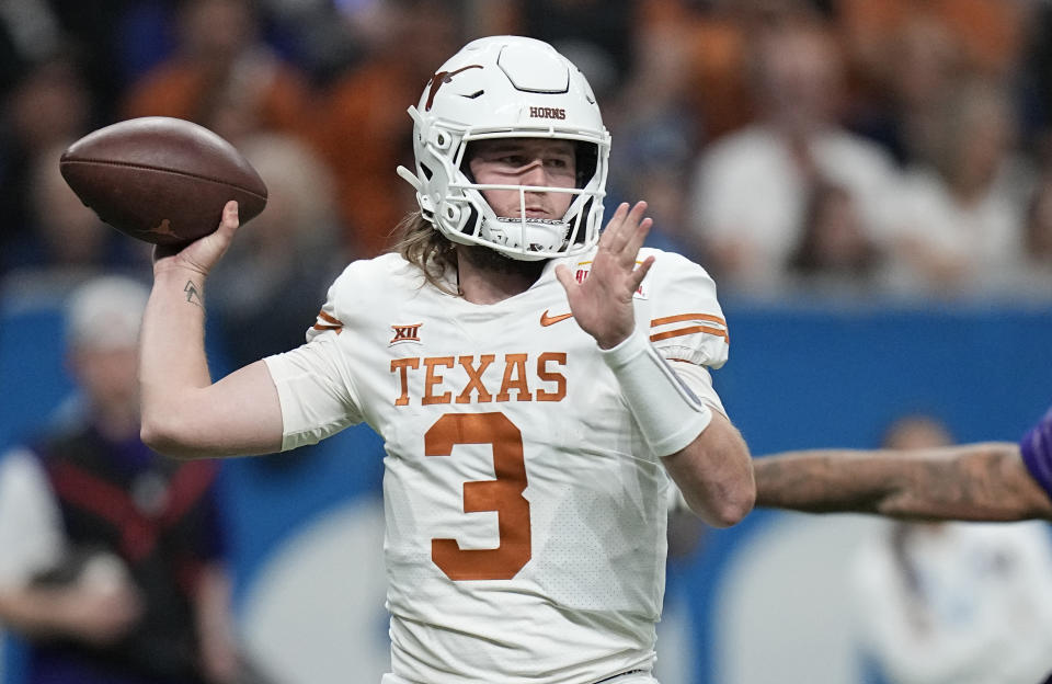 Quarterback Quinn Ewers leads a Texas team that enters the season as the favorite to win the Big 12. (AP Photo/Eric Gay, File)