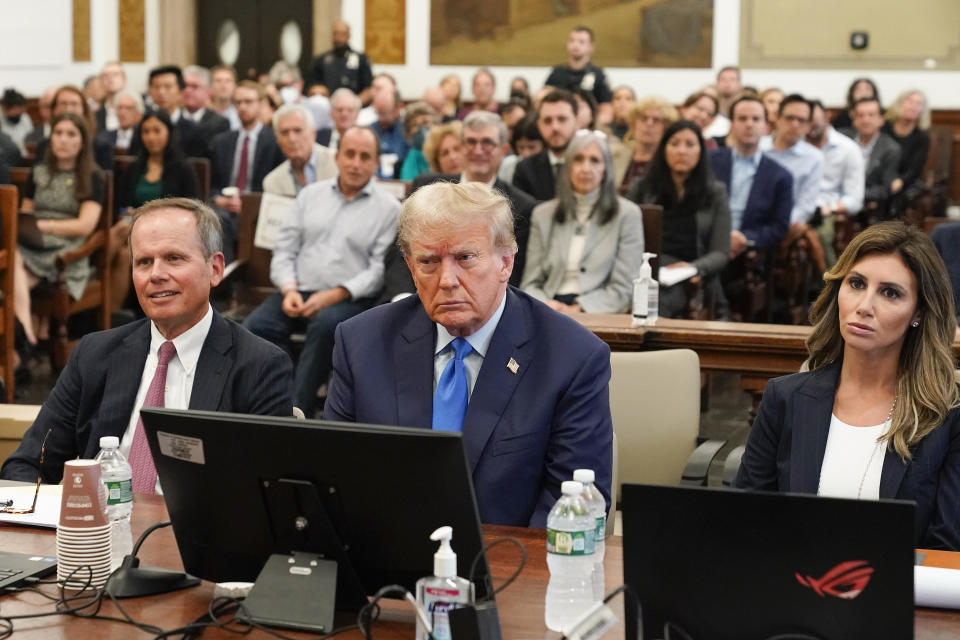 Former President Donald Trump sits in a courtroom at New York Supreme Court, Monday, Oct. 2, 2023. / Credit: Seth Wenig / AP