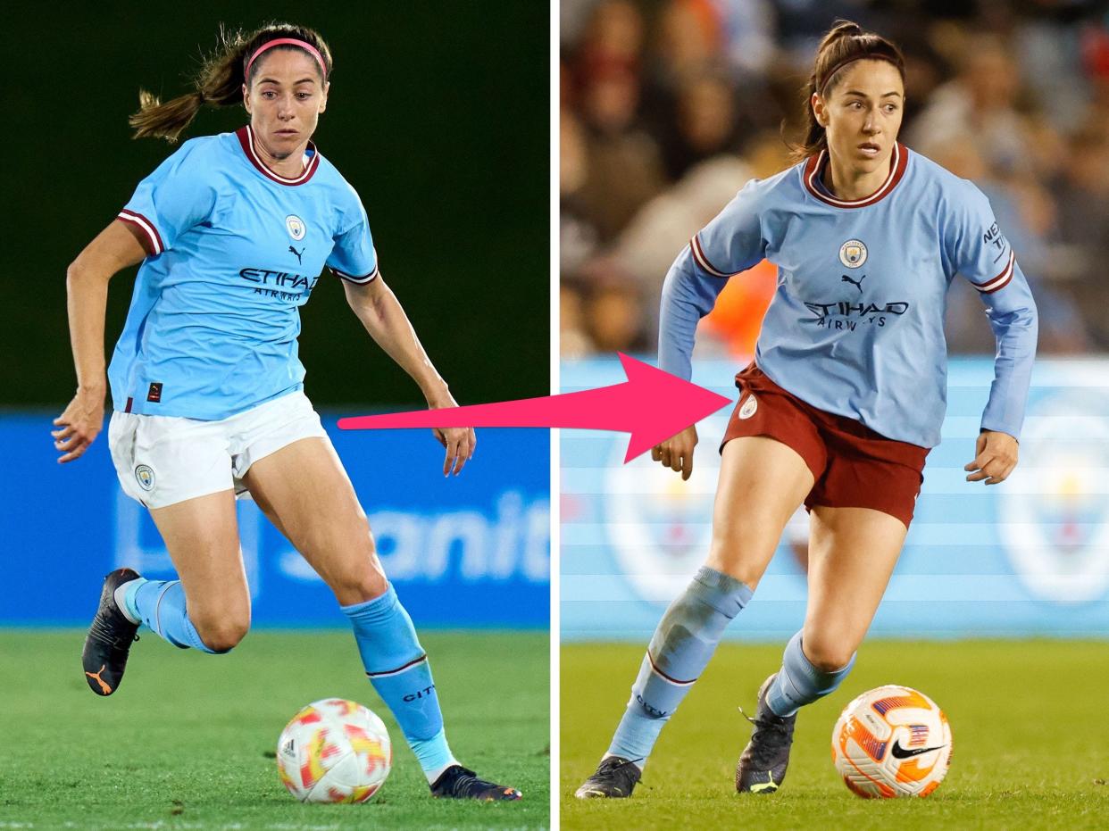 Midfielder Vicky Losada wears Manchester City's old (left) and new home uniforms.