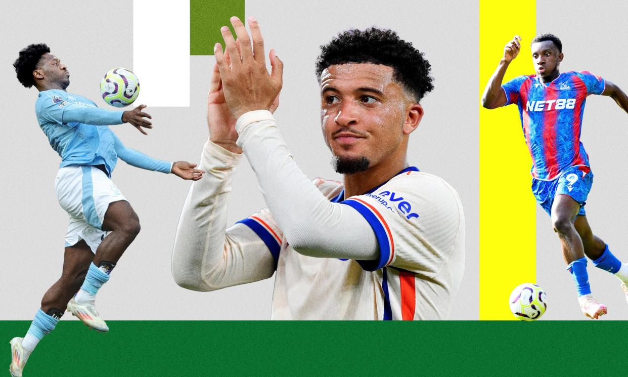 <span>Ola Aina of Nottingham Forest, new Chelsea recruit Jadon Sancho and Eddie Nketiah had happy weekends.</span><span>Composite: Guardian Picture Desk</span>