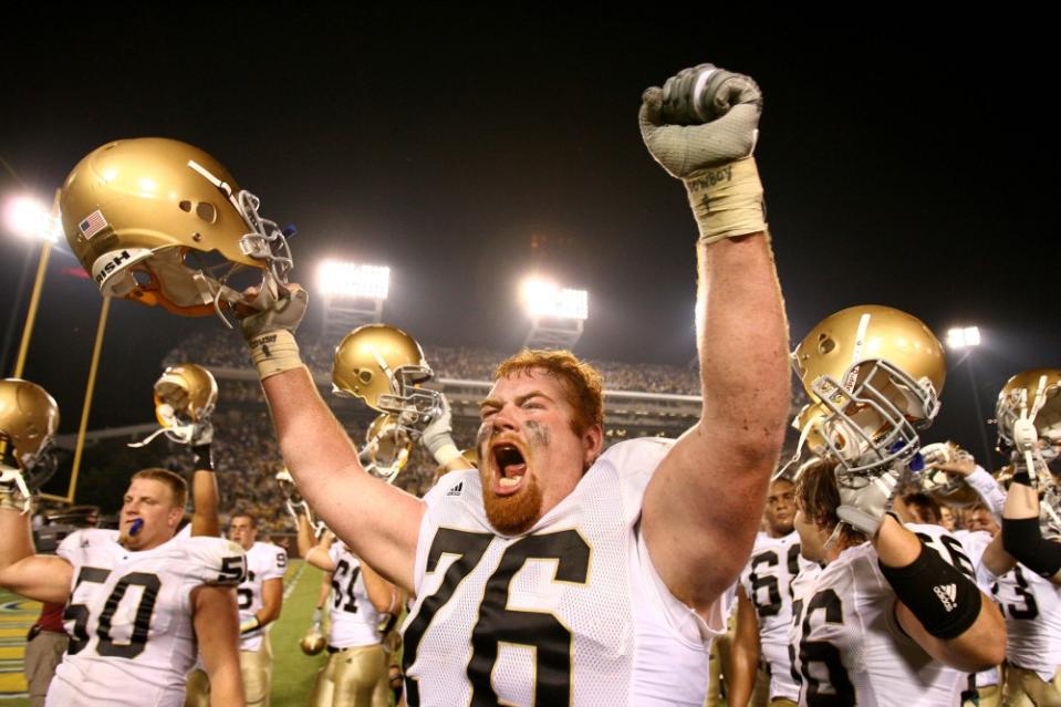 Sep. 2, 2006; Atlanta, GA, USA; Notre Dame Fighting Irish linebacker (76) Bob Morton celebrates the 14-10 win over Georgia Tech. Mandatory Credit: Matt Cashore-USA TODAY Sports © copyright (2006) Matt Cashore