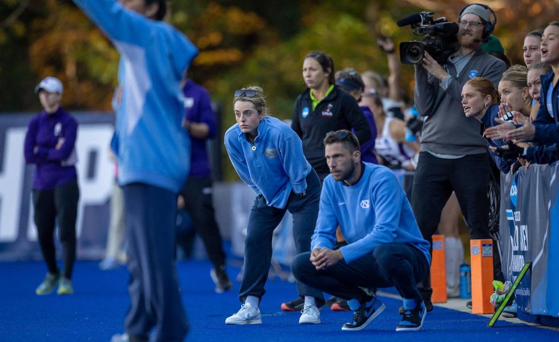 North Carolina coach Erin Matson watches her team in the third quarter during the NCAA Division I Field Hockey Championship game against Northwestern on Sunday, November 19, 2023 at Karen Shelton Stadium in Chapel Hill, N.C.