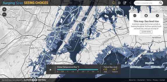 Map of New York showing areas underwater with a temperature increase of 2 degrees Celsius (3.6 degrees Fahrenheit). Dark blue areas are subject to inundation.