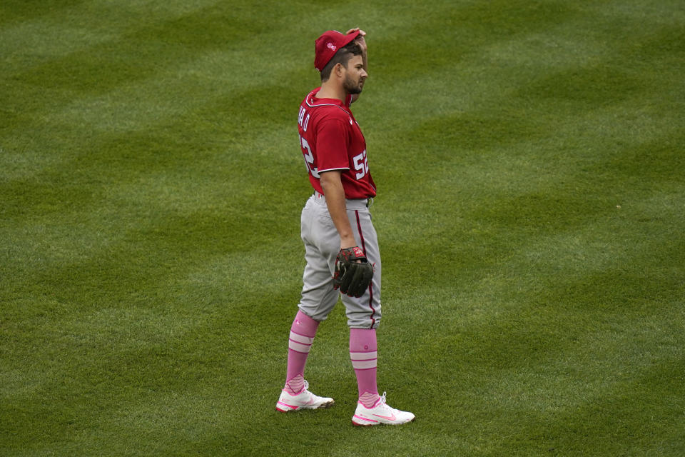 Washington Nationals relief pitcher Brad Hand reacts after walking New York Yankees' Aaron Judge during the ninth inning of a baseball game at Yankee Stadium, Sunday, May 9, 2021, in New York. (AP Photo/Seth Wenig)