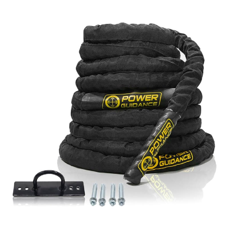 <p>Courtesy of Amazon</p><p>Possibly the coolest name in fitness equipment, battle ropes are a surefire way to work muscles and get cardio at the same time. This 1.5-inch, 30-foot rope from Power Guidance features a nylon cover that protects the rope from wear, rubberized handles that make it easier to grip, and even a mounting bracket to attach to a wall. If there's no good wall in which to mount this, some customers say they've wrapped the rope around a small tree or have even fastened the bracket into a large tree. Either way, it's a great tool for exercise, stress relief, and challenging your friends. </p>