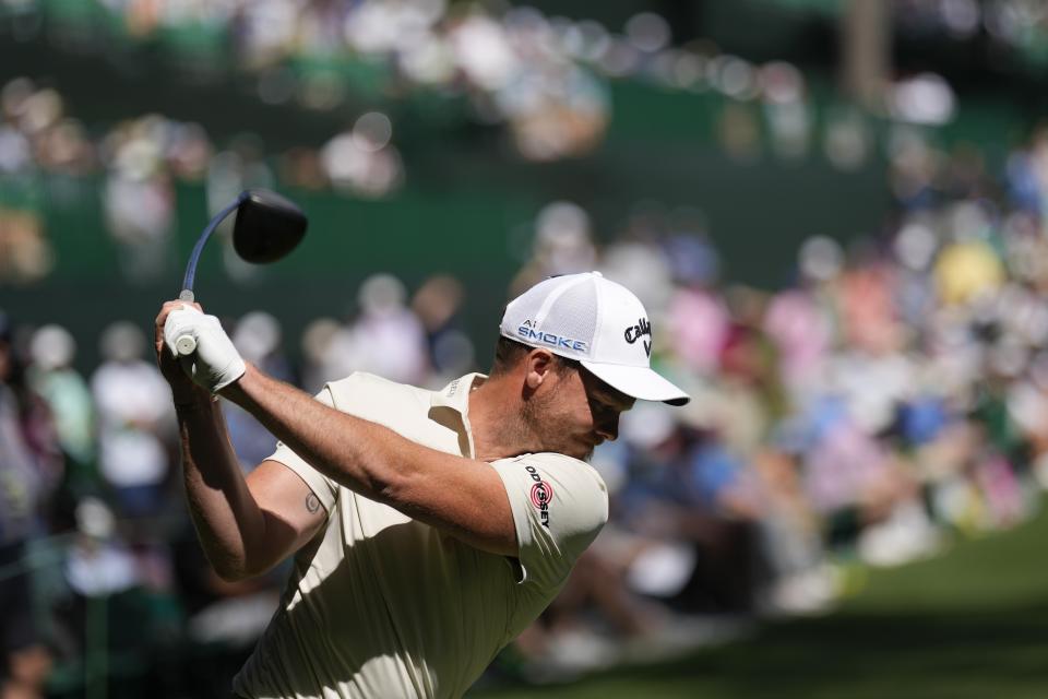 Danny Willett, of England, hits his tee shot on the 14th hole during second round at the Masters golf tournament at Augusta National Golf Club Friday, April 12, 2024, in Augusta, Ga. (AP Photo/David J. Phillip)