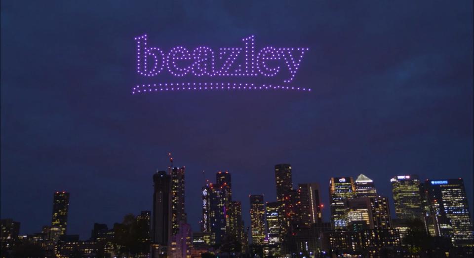 Drones forming the logo for the insurance company Beazley.
