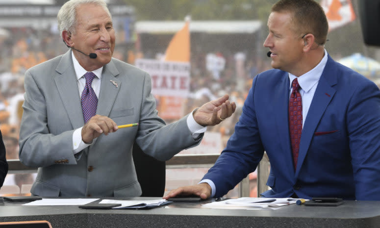 Lee Corso and Kirk Herbstreit of College GameDay have a discussion.