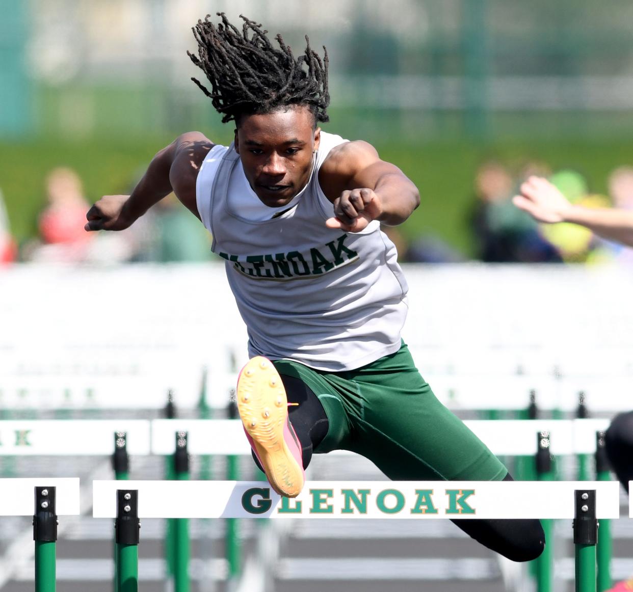 GlenOak's Skylan King competes in the boys 110-meter hurdles in this year's GlenOak Second Sole Eagle Elite meet.