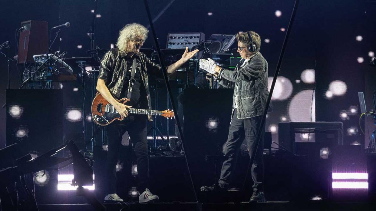  Brian May and Jean Michel-Jarre onstage. 