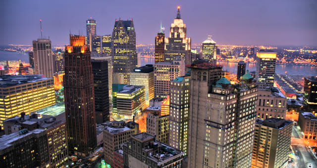 The skyline of the city of Detroit from up high, sunset.