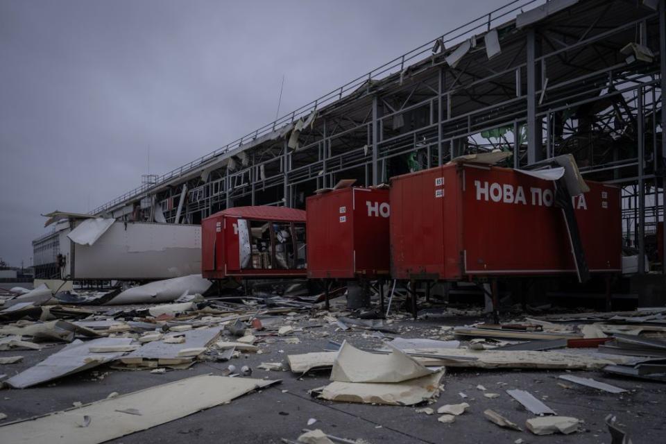 A Nova Poshta depot damaged after a Russian missile attack in the village of Korotych, Kharkiv Oblast on Oct. 22, 2023. (Ozge Elif Kizil/Anadolu via Getty Images)