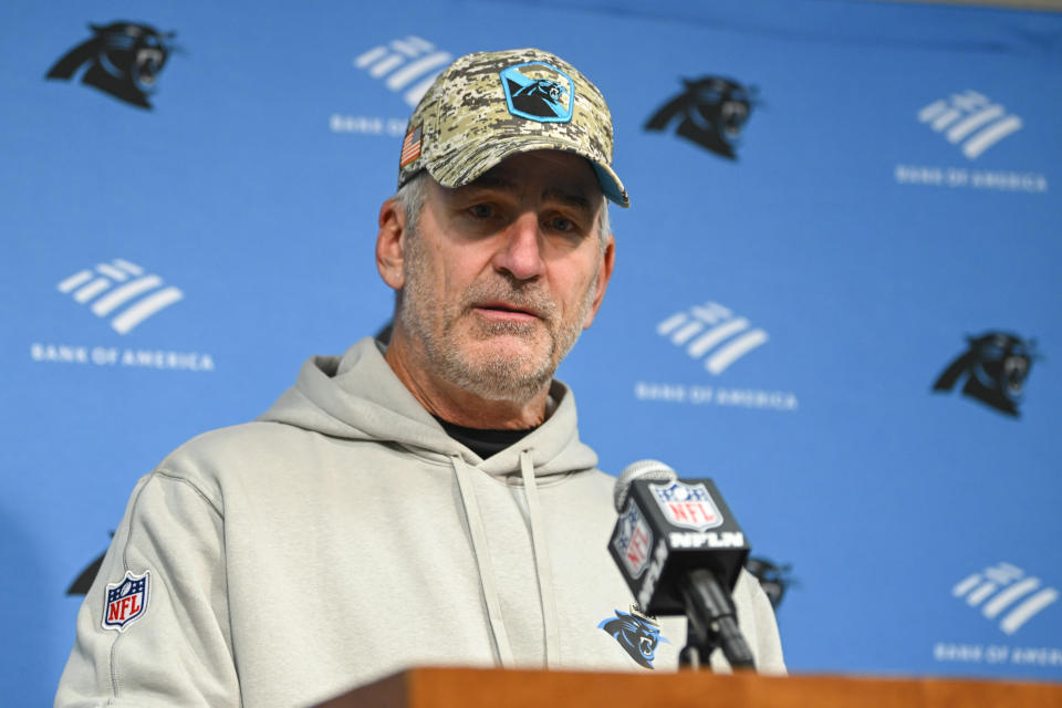 FILE - Carolina Panthers coach Frank Reich attends a news conference after an NFL football game against the Tennessee Titans, Sunday, Nov. 26, 2023, in Nashville, Tenn. The Carolina Panthers fired coach Frank Reich on Monday, Nov. 27, with the team off to an NFL-worst 1-10 record in his first year in charge. (AP Photo/(John Amis, File)