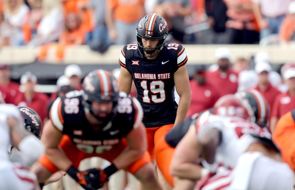 OSU's Alex Hale (19) kicks a field goal in the first half of a Bedlam win against OU on Nov. 4, 2023, at Boone Pickens Stadium in Stillwater.