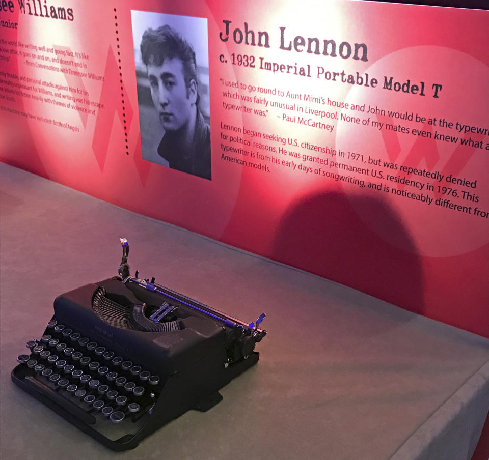 This March 9, 2019 photo shows a typewriter once owned by John Lennon and now on display in a special exhibit on typewriters at the American Writers Museum in Chicago. A younger generation is discovering the joy of the feel and sound of the typewriter. Two recent documentaries, "The Typewriter (In The 21st Century)" (2012) and "California Typewriter" (2016), featuring collector Tom Hanks, have helped popularize vintage typewriters among young people, who also have a soft spot for other analog technologies like vinyl records and fountain pens. (AP Photo/Julia Rubin)