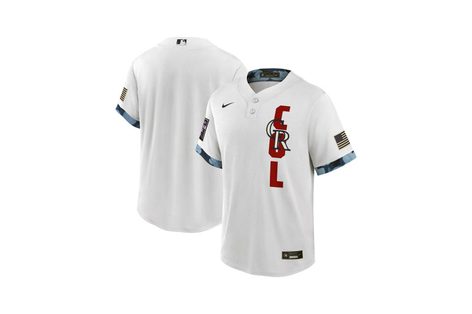 This handout provided by Major League Baseball shows the front and back of the 2021 All-Star jersey unveiled Thursday, June 24, 2021, that will be used for the July 13 game at Denver's Coors Field. The host National League has white jerseys and the American League blue. Major League Baseball is getting rid of club uniforms and caps for the All-Star Game in favor of specially-designed league outfits. (MLB via AP)