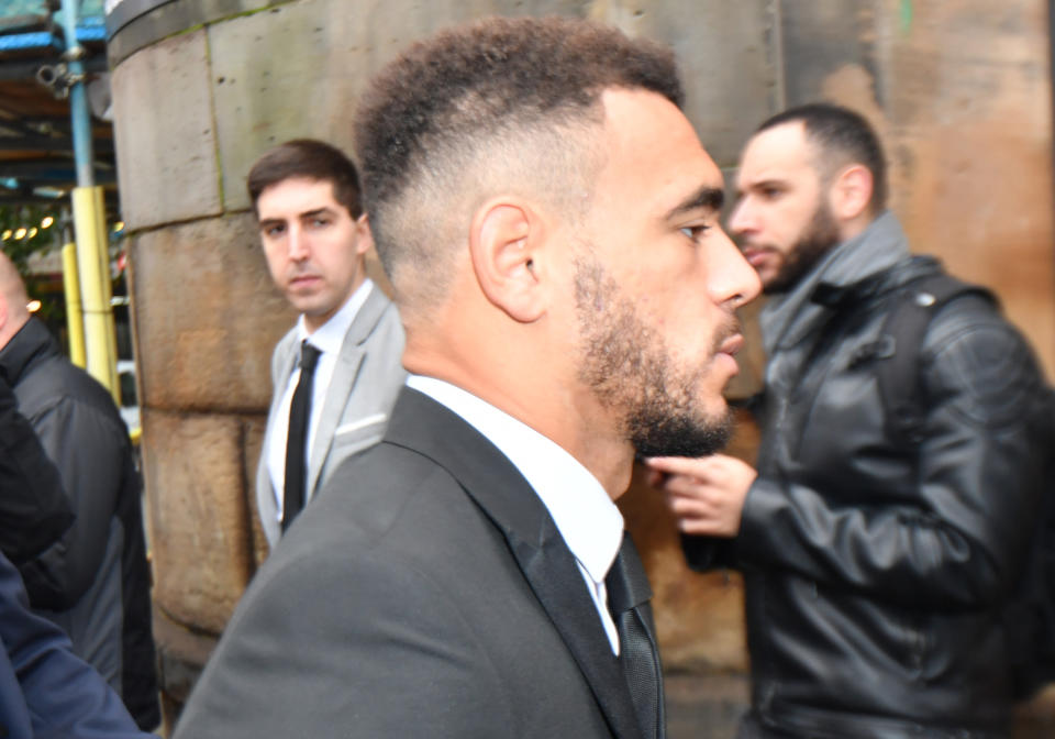 Derby County footballer Mason Bennett (closest to camera) arrives at Derby Magistrates' Court where he and Tom Lawrence are appearing on charges of drink-driving.