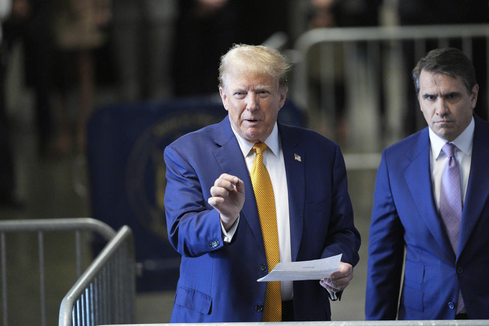 Former President Donald Trump speaks to reporters at Manhattan criminal court in New York, Tuesday, May 7, 2024.(Curtis Means/Pool Photo via AP)