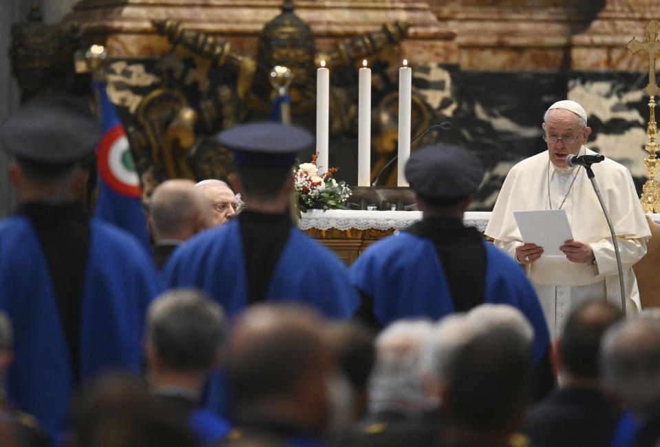 Pope Francis delivers his speech during an audience with members of the Italian Air Force, in St. Peter's Basilica at the Vatican, Friday, Dec. 10, 2021. (Vincenzo Pinto/Pool photo via AP)