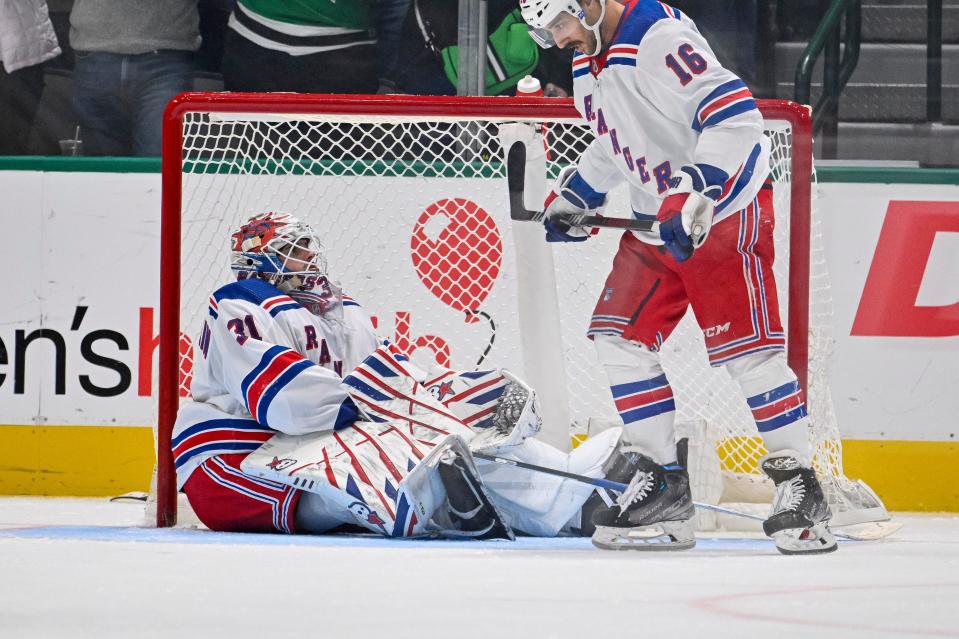 Nov 20, 2023; Dallas, Texas, USA; New York Rangers goaltender Igor Shesterkin (31) reacts to giving up the game winning goal to Dallas Stars center Tyler Seguin (not pictured) during the third period at the American Airlines Center.