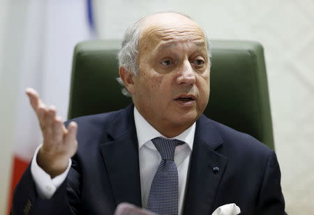 French Foreign Minister Laurent Fabius gestures as he speaks during a joint news conference with Saudi Arabia's Foreign Minister Adel al-Jubeir in Riyadh January 19, 2016. REUTERS/Faisal Al Nasser