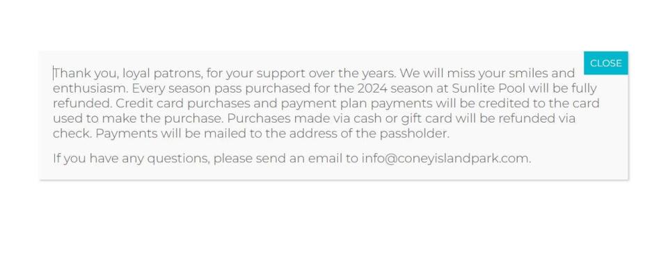 A screenshot of a message on the Coney Island website  regarding the upcoming closing of the park and Sunlite Pool.