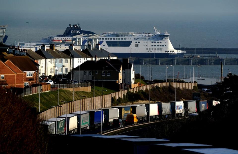 Lorries queue for the Port of Dover in Kent in February 2022 (Gareth Fuller/PA) (PA Wire)