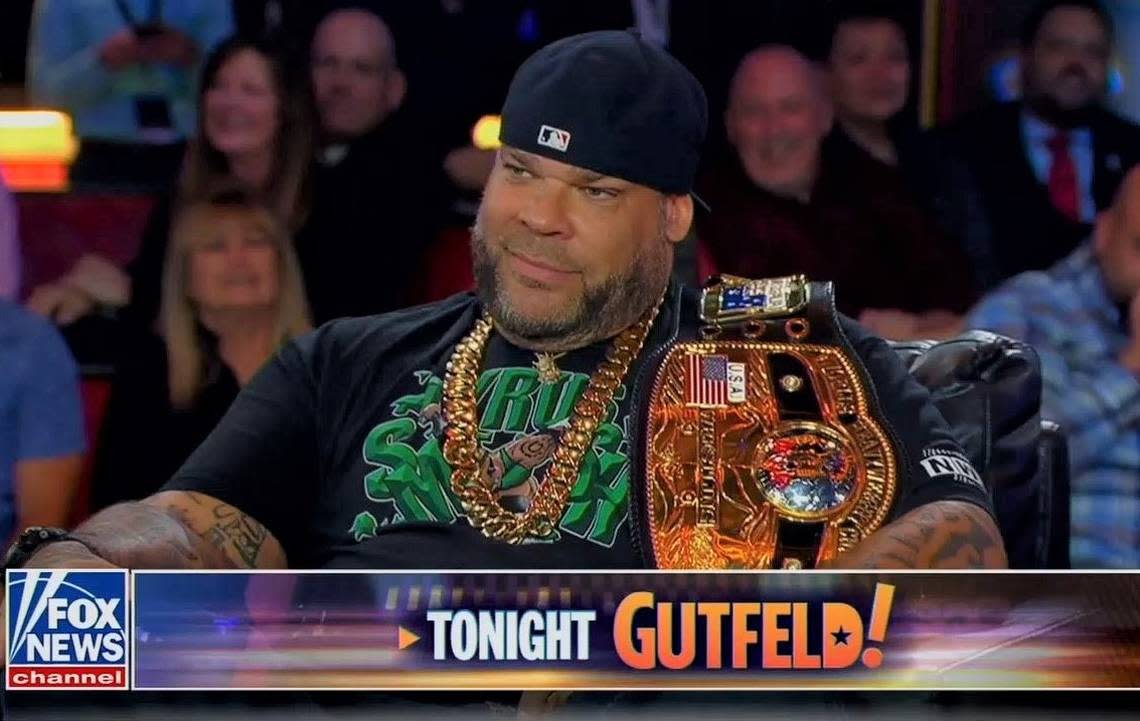 New NWA Champ Tyrus and Kat Timpf both of the No.1 late night talk show Gutfeld! on FOX News channel during a taping on Nov. 17, 2022 at Daer Nightclub at the Seminole Hard Rock Hotel & Casino near Hollywood in South Florida. FOX personalities were in town for the FOX Nation Patriot Awards event.