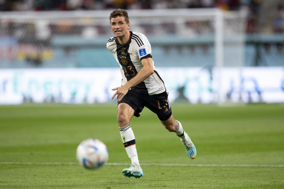 DOHA, QATAR - November, 23: Thomas Mueller of Germany in action during the FIFA World Cup Qatar 2022 Group E match between Germany (1) and Japan (2) at Khalifa International Stadium on November 23, 2022 in Doha, Qatar. (Photo by Simon Bruty/Anychance/Getty Images)