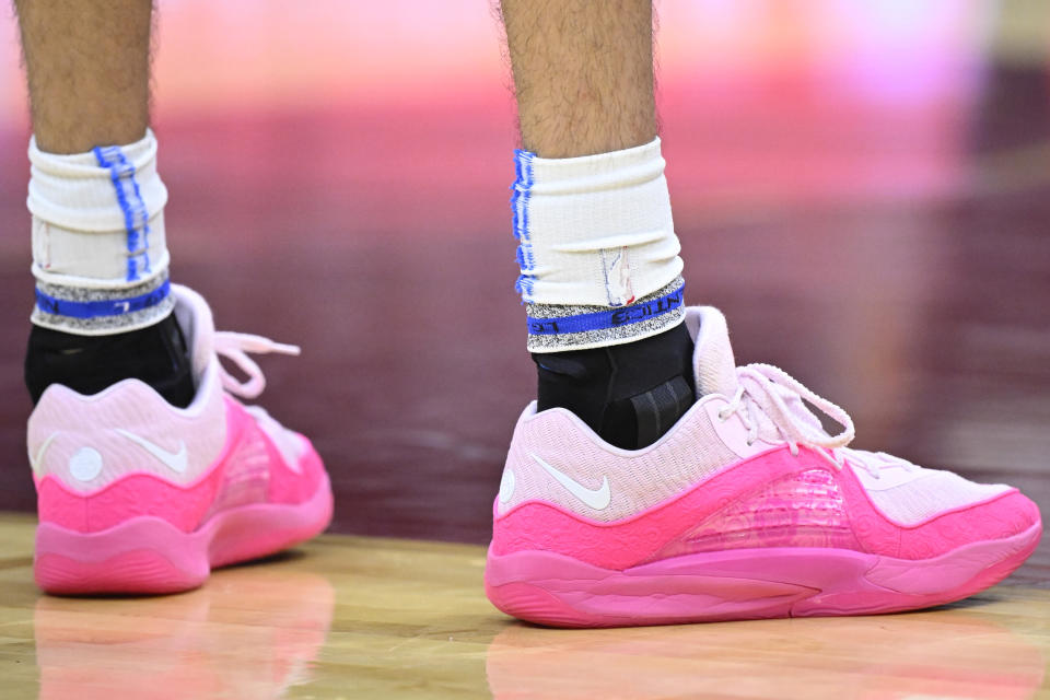 Oct 27, 2023; Cleveland, Ohio, USA; A general view of the shoes of Oklahoma City Thunder forward Chet Holmgren (7) in the third quarter against the Cleveland Cavaliers at Rocket Mortgage FieldHouse. Mandatory Credit: David Richard-USA TODAY Sports