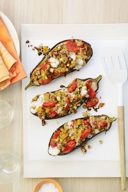 <p>This vegetarian main dish easily becomes a complete meal when you add a simple side salad or some sautéed greens.</p><p>Get the <a href="https://www.delish.com/uk/cooking/recipes/a28960516/cheesy-stuffed-eggplants-recipe/" rel="nofollow noopener" target="_blank" data-ylk="slk:Cheesy Stuffed Aubergines" class="link ">Cheesy Stuffed Aubergines</a> recipe.</p>