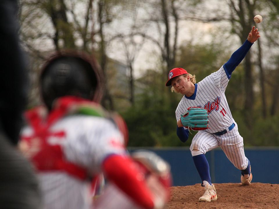 Licking Valley sophomore Evan Lichtenauer delivers a pitch Monday during the 1-0 loss to visiting Watkins Memorial. He allowed only two hits over six innings, striking out nine and walking three.