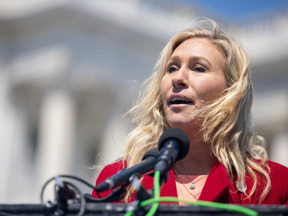 Congresswoman Marjorie Taylor Greene speaks during a press conference in front of the Capitol on April 28, 2022 in Washington, DC, United States.