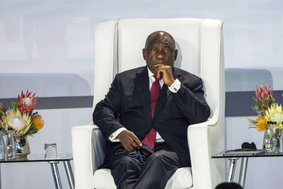 FILE - South African President Cyril Ramaphosa listens during the BRICS group of emerging economies three-day summit in Johannesburg, South Africa, Tuesday, Aug. 22, 2023. Ramaphosa says his country has filed a referral to the International Criminal Court for an investigation into alleged war crimes committed by Israel in Gaza. The move comes as South African lawmakers on Thursday, Nov. 16, 2023 were expected to debate a motion calling for the closure of the Israeli Embassy in South Africa and the cutting of all diplomatic ties with the country until it agrees to a cease-fire. (AP Photo/Jerome Delay, File)