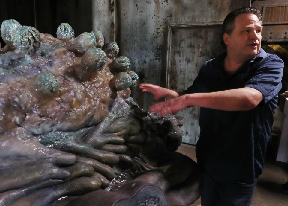 David Barton talks about a scene in the movie "Pacific Rim" that features the Kaiju organ on an autopsy table at the props new home at Ghoul Brothers House of Horror in 2021,