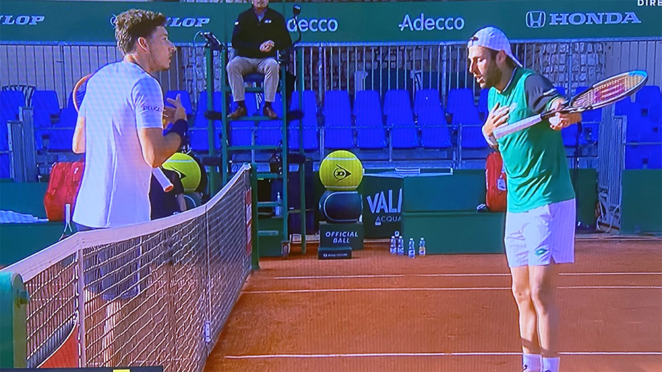 Pablo Carreno Busta and Stefano Travaglia had a brief confrontation after the Spanish star accused his opponent's girlfriend of interrupting their match at the Monte Carlo Masters. Picture: Twitter/Jose Morgado