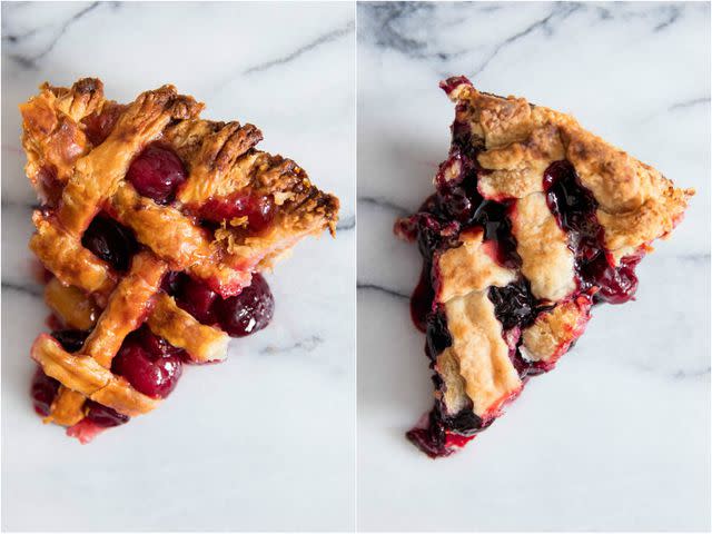 On the left, a pie made with fresh cherries; on the right, a pie made with frozen cherries.