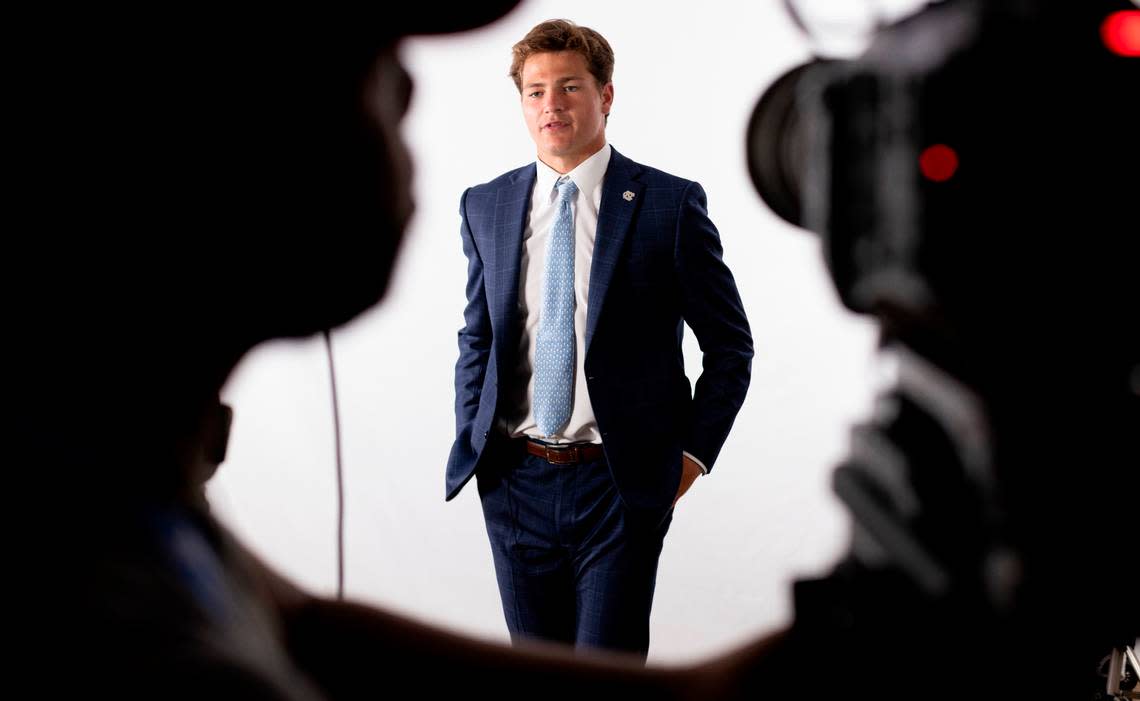 North Carolina quarterback Drake Maye does an interview during the 2023 ACC Kickoff on Thursday, July 21, 2023 at the Westin Hotel in Charlotte, N.C.