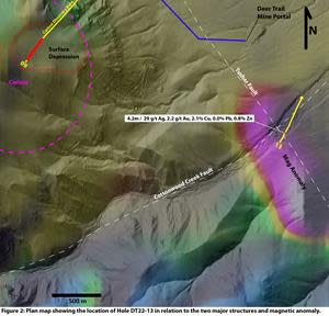 Plan map showing the location of Hole DT22-13 in relation to the two major structures and magnetic anomaly.