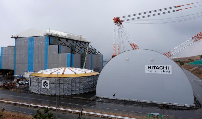 FILE PHOTO: Hitachi logos are seen on Electric Power Development Co. Oma Nuclear Power Station under construction in Oma town