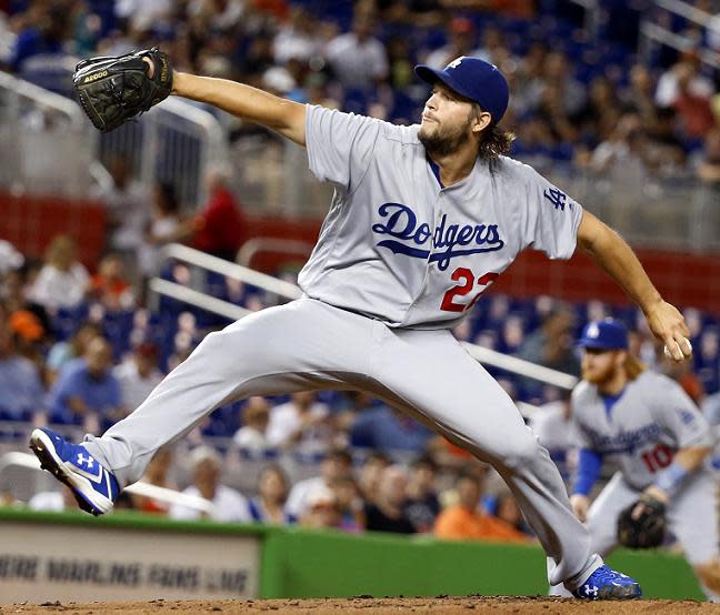 Clayton Kershaw delivers a pitch during his Dodgers return in Miami. (AP)