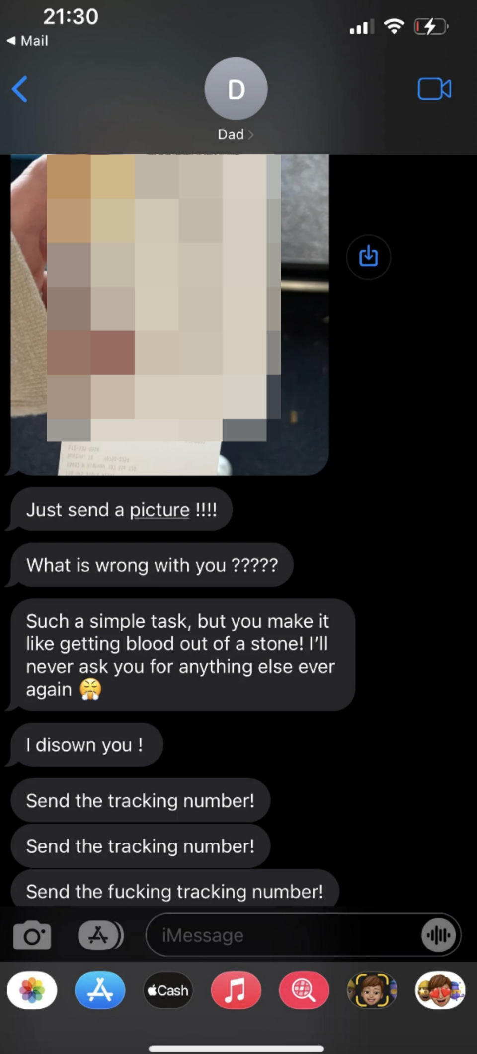 Dad threatening daughter when she wouldn't provide him with a package tracking number