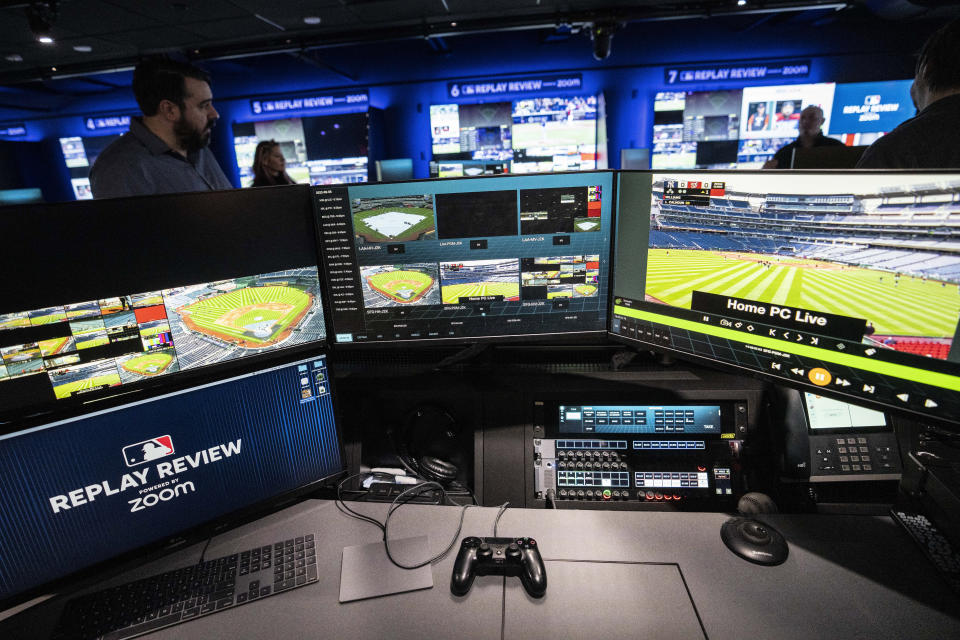 The Replay Review workroom is shown during a tour at Major League Baseball headquarters in New York, Tuesday, March 28, 2023. (AP Photo/John Minchillo)