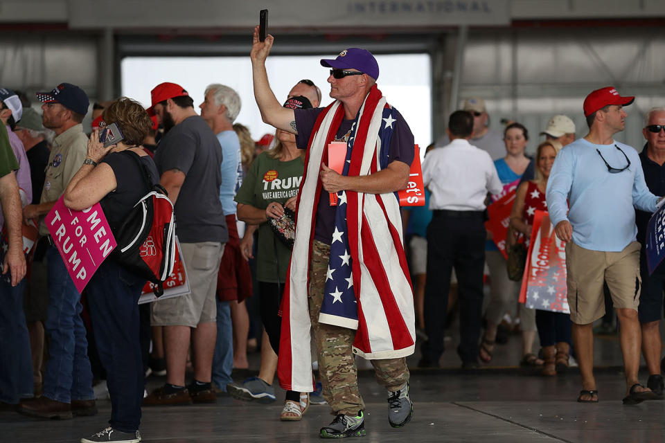 <p>Ken Temple waits for the arrival of President Donald Trump for a campaign rally at the AeroMod International hangar at Orlando Melbourne International Airport on February 18, 2017 in Melbourne, Florida. (Joe Raedle/Getty Images) </p>