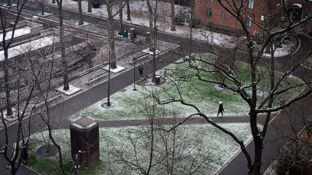 PHOTO: A person walks through a park following the first measurable snowfall of the season, breaking a 50 year record, in New York City, Feb. 01, 2023. (Andrew Kelly/Reuters)